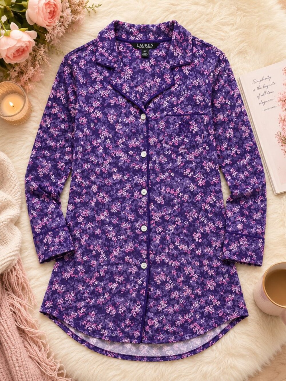 Lauren Ralph Lauren NWT Purple Floral Knit Sleep Shirt Nightgown Pajama Top Smal